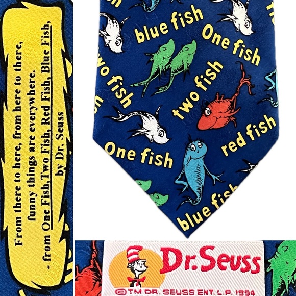 🎏1996 Dr. Seuss “One Fish Two Fish Red Fish Blue Fish” Silk Tie | Made in Korea - Picture 1 of 17